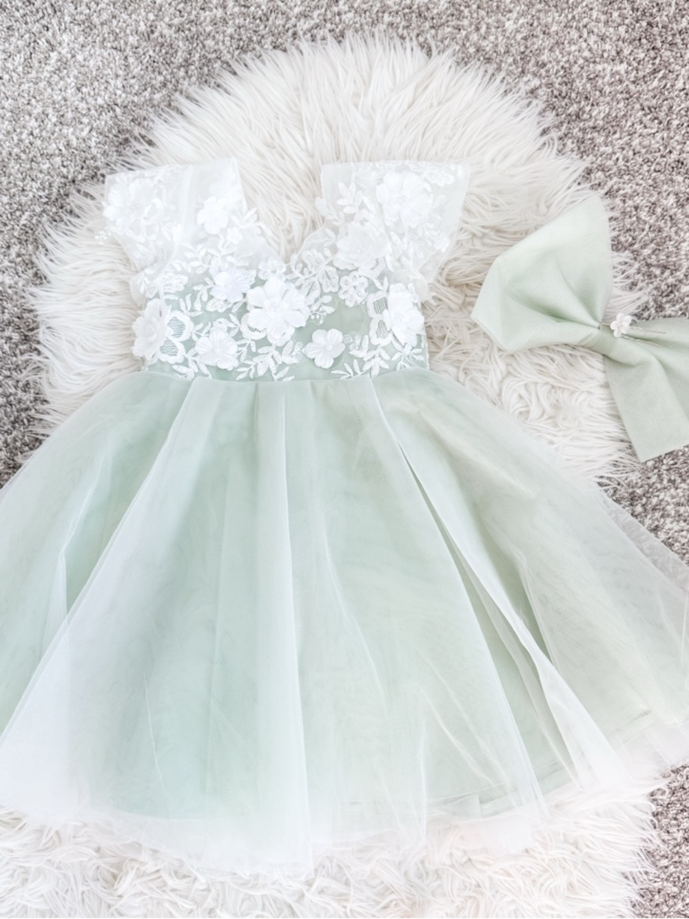 JJ’s House Flower Girl Dress Sage Green Tulle Lace 3D Floral Wedding Easter 4T - Picture 9 of 12